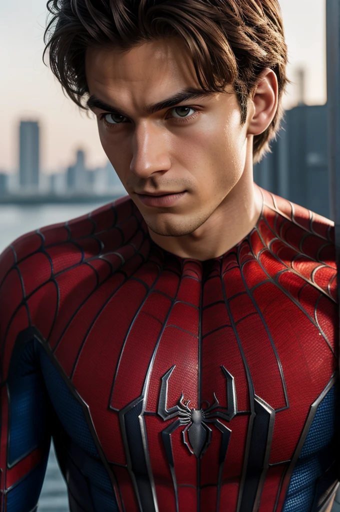 A photograph of spider man, no mask, 20 yo, handsome, detailed face, looking at camera, portrait, 8k uhd, high quality