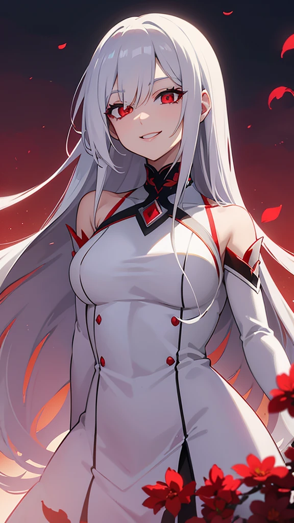 A anime mature woman with long silver hair,she is a vampire,she had a red eye,she wearing a white dress,smiling to camera,scenery is red aesthetic behind her