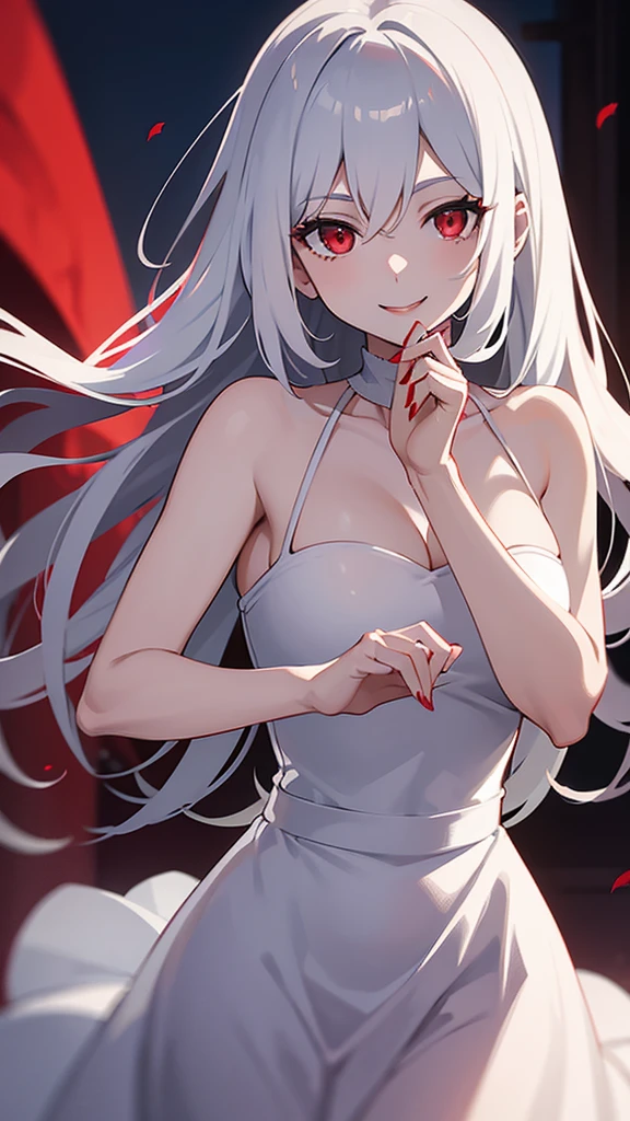 A anime mature woman with long silver hair,she is a vampire,she had a red eye,she wearing a white dress,smiling to camera,scenery is red aesthetic behind her