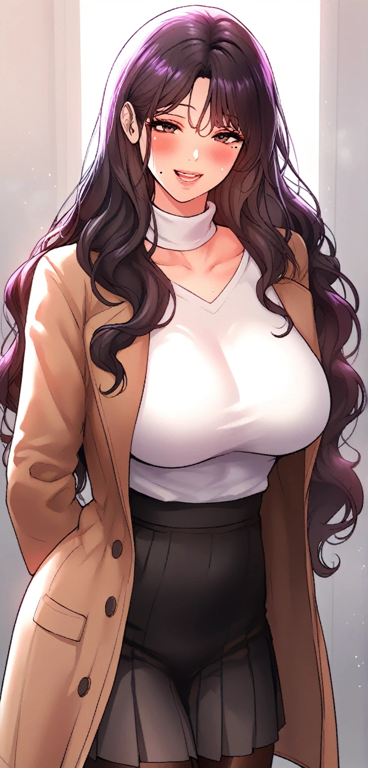 score_9, score_8_up, score_7_up, score_6_up, score_5_up, score_4_up, yu hee, brown eyes, black hair, long hair, large breasts, mature woman, 1girl, pantyhose, solo, breasts, skirt, coat, open_mouth, large_breasts, open_coat, black_pantyhose, mole, black_coat, mole_under_mouth, bangs, purple_skirt, long_hair, black_sweater, turtleneck, pleated_skirt, open_clothes, smile, sweater, long_sleeves, shirt, sweatdrop, miniskirt,  1girl, long_hair, blush, sweat, purple_eyes, brown_hair, collarbone, lips, purple_hair, smile, solo