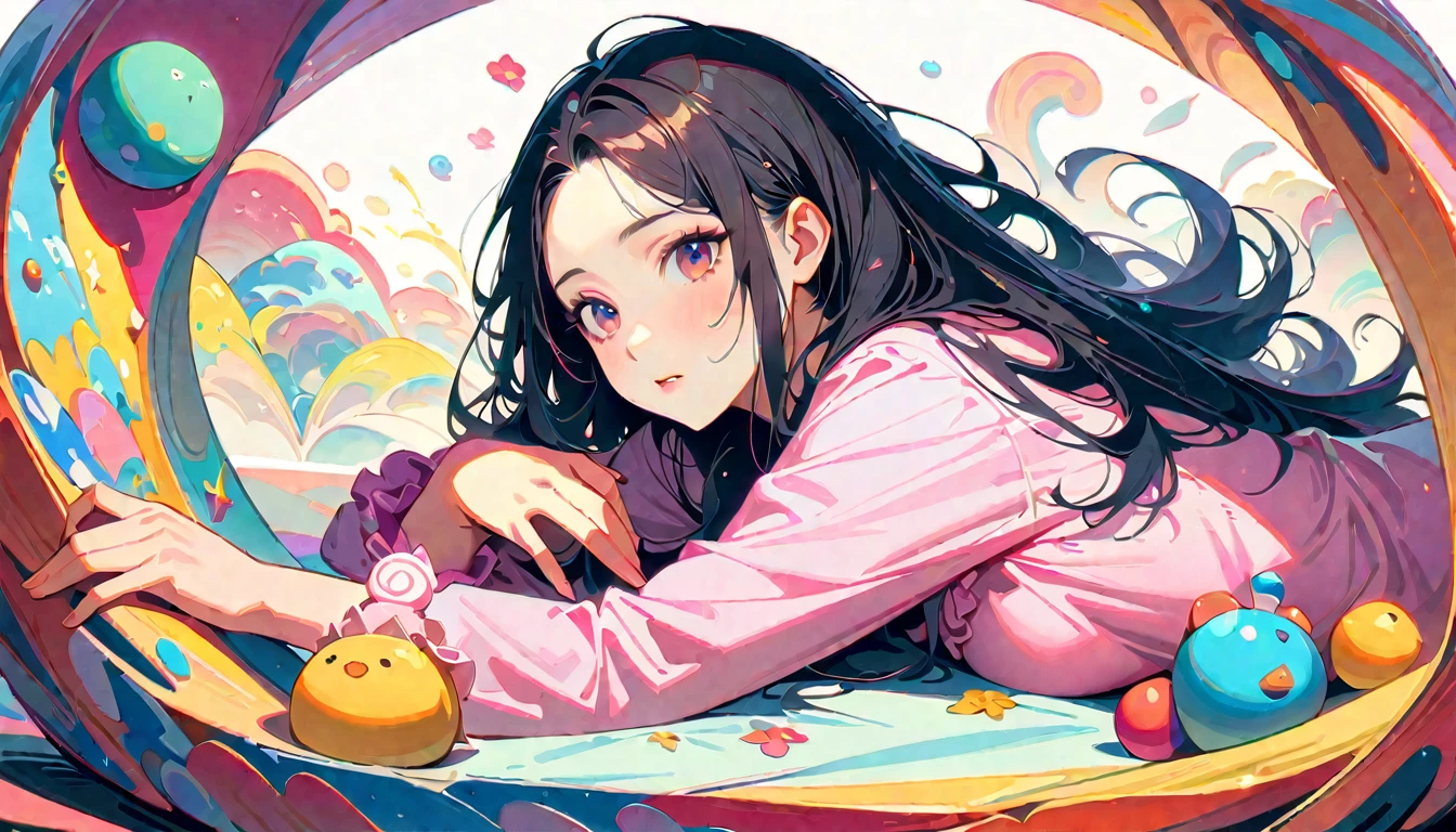 20-year-old,One mature woman,Surreal, 8k, (extremely detailed 8k), (Very delicate and beautiful), (masterpiece), (Better Quality:1.0), (Ultra-high resolution:1.0), (masterpiece, Highest quality),cute,Black Hair,Long Hair,whole body,White Background,Realistic Skin,pajamas,lie on one's stomach,Wicked Smile、Bedroom