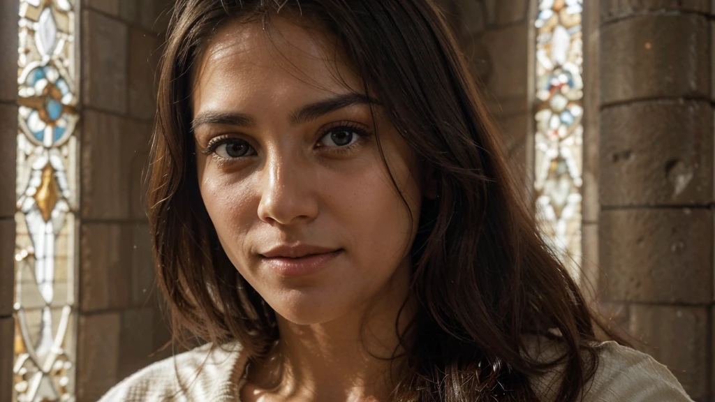 Imagine a touching and deeply emotional depiction of Jesus Christ, focused on conveying your kindness and compassion through your gaze and facial expression.
Scenario: The scene takes place in a serene and sacred environment, perhaps inside an ancient chapel with soft light that gently bathes the face of Jesus. The environment should inspire a sense of tranquility and spirituality.
Jesus' posture: It is represented in the foreground, to emphasize your striking and spiritual presence. Your posture is serene and approachable, as if ready to comfort and guide those who behold him.
Facial expression: The face of Jesus emanates kindness and unconditional love. Your eyes are deep and welcoming, capturing the soul of the beholder with a peace that transcends words. Your mouth is gently curved in a faint smile, radiating compassion and acceptance.
Technical details: The work must be executed with careful technique to capture the texture of the skin, the sparkle in Jesus' eyes and the softness of his facial features. The colors used must be soft and harmonious, complementing the serenity of the moment.
impacto emocional: The goal is to create an image that not only inspires awe and contemplation, but also deeply touch the hearts of viewers with the loving and welcoming presence of Jesus Christ. It should convey a sense of peace and hope, inviting reflection on the meaning of divine love in our lives.