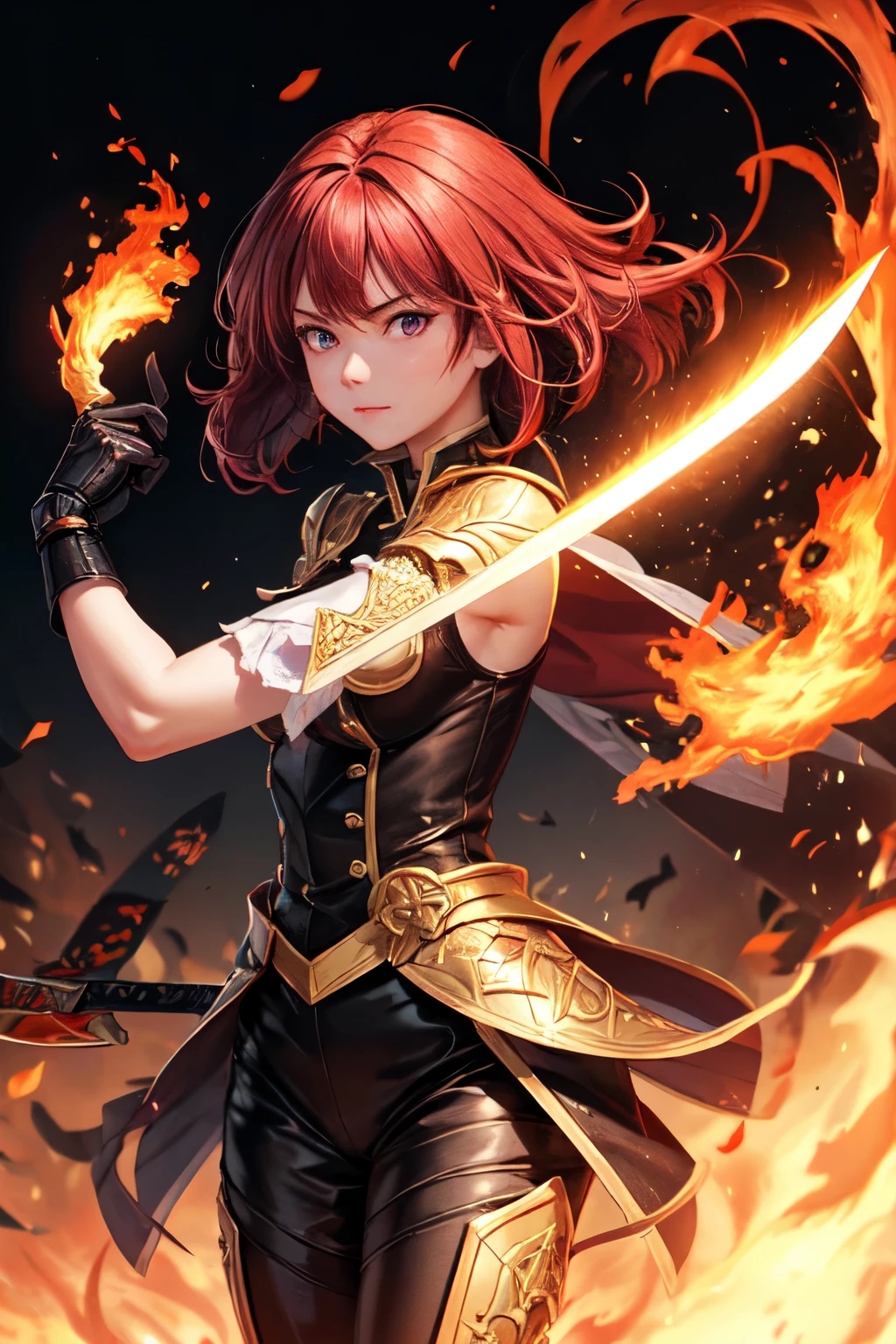 1girl, red hair, flaming eye, sword, holding sword, flames, burning houses, glowing, sidelighting, wallpaper