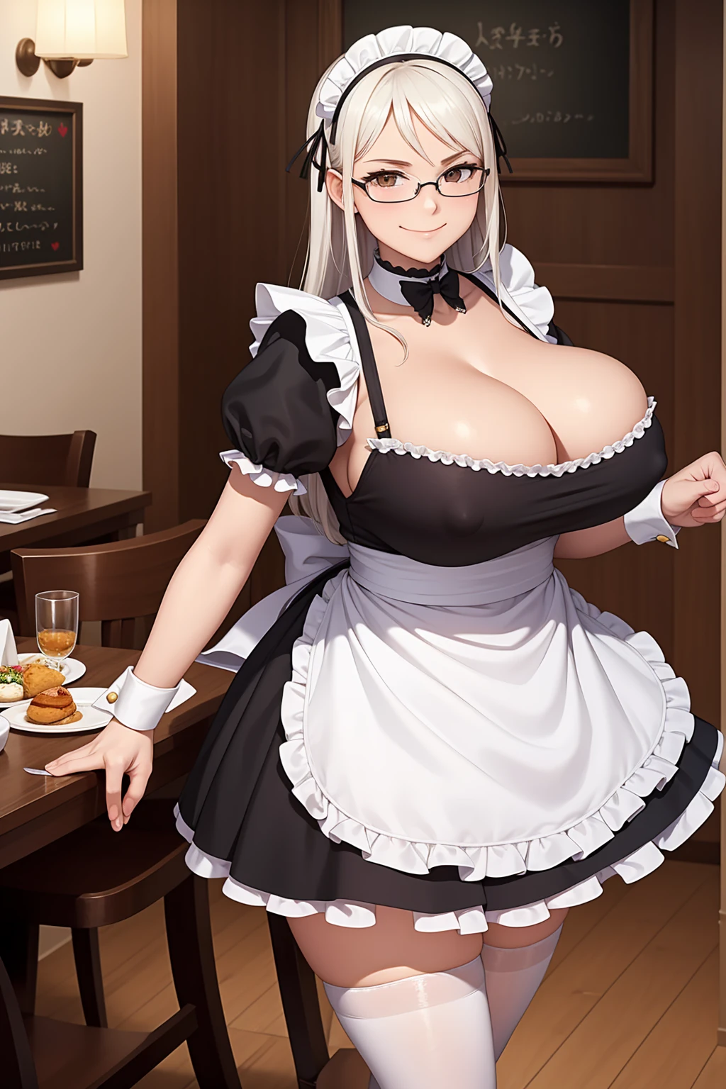 (masterpiece, best quality:1.4), illustration, 8k, hd, 1girl, solo, elegant_long_hair, white_hair, dress, white_thighhighs, no underwear, short_sleeves, frills, apron, brown_eyes, cleavage, metal_collar, anchor_choker, maid, white maid, ((big breast, glasses, smug)), (restaurant, maid cafe)