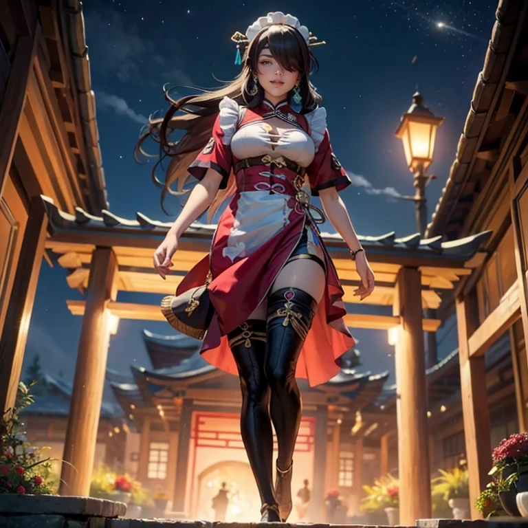 Beidou_(genshin impact), 1girl, ornament hair, perfectly body, perfectly hands, wave hair, brown hair, long hair, maid, maid dress, maid headdress, maid apron, garden, temple, shrine, outside, Chinese festival scenery, gold lantern, Chinese lantern, fireworks, red dress, more details on her clothes, golden details, night, smiling, cute face, Best quality, cleavage, skirt, full Body, solo, alone