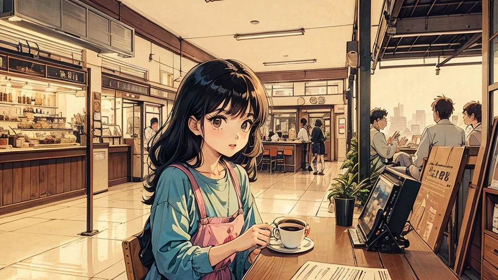 1 girl, 80s anime style, Cafe,I am studying、People in the background、 coffee, Retro, Lo-Fi