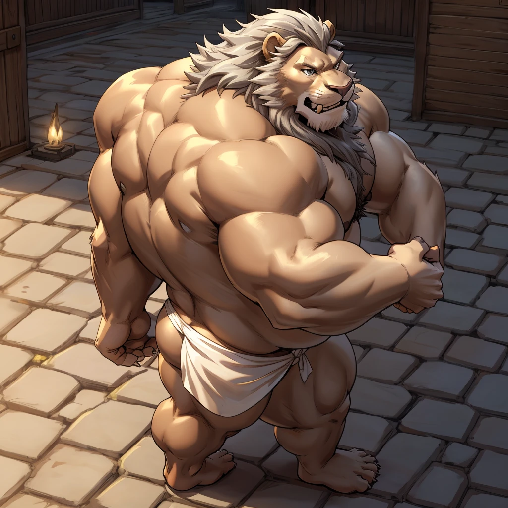 Epic Citizen Zootopia style, My hero zootopia Character, Dungeons and Dragons magic quest style, A poor villager, Real life, Anime serie, Anime character, Obese muscle Obese Sumo wrestler Werebeast Kid, full body pic (obese, strong legs and arms) Sumo wrestler Werebeast Kid. Obese muscle fat kid (bulky, wide, broad shoulders), Citizen obese Werebeast kid, Lion Man、Looking Back Pose、Raise one hand、Twist your hips、Upturned face、Lion face、silver mane、Body hair all over the body、Long body hair、Extreme obesity、Lots of armpit hair、、big silver eyes、sharp claws, White fangs、on the cobblestone、Composition from above、White loincloth