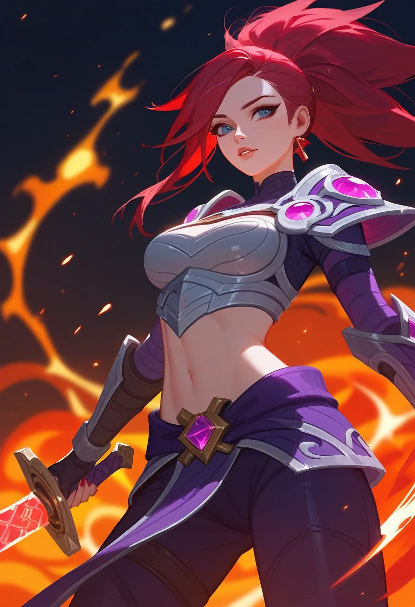 (Fraction_9,Fraction_8_Direction_7_up),1 a woman,(((bust))),Close-up of a woman holding a sword and fire,Lava armor, Arcane spells, Katarina, League of Legends ,Akali, League of Legends角色 art, League of Legends角色, LeBron, 来自 League of Legends 的 萨米拉, League of Legends的风格, League of Legends风格艺术,Crimson Moon,