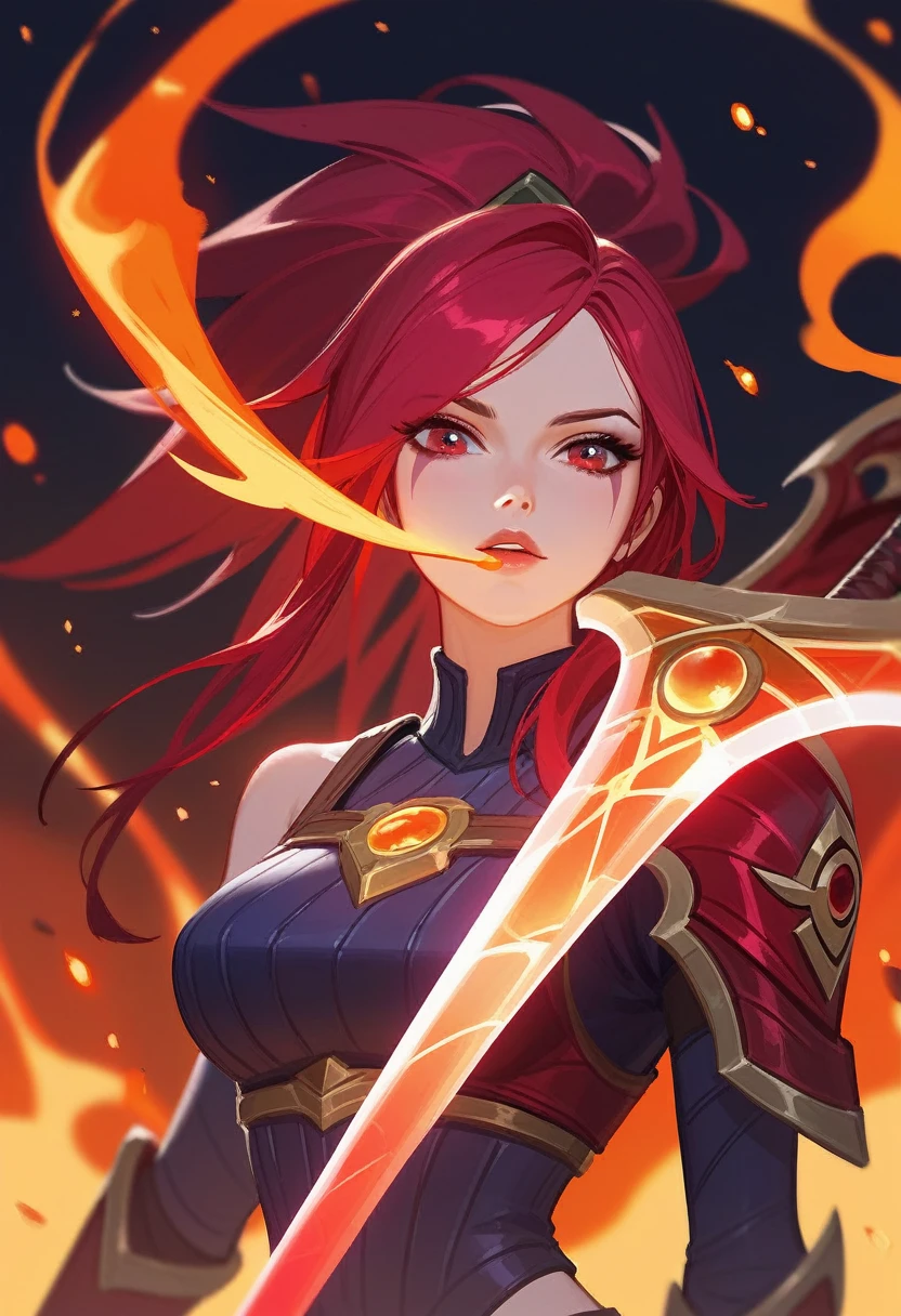 (Fraction_9,Fraction_8_Direction_7_up),1 a woman,（（（bust）））,Close-up of a woman holding a sword and fire,Lava armor， Arcane spells, Katarina, League of Legends ，Akali, League of Legends角色 art, League of Legends角色, LeBron, 来自 League of Legends 的 萨米拉, League of Legends的风格, League of Legends风格艺术，Crimson Moon，