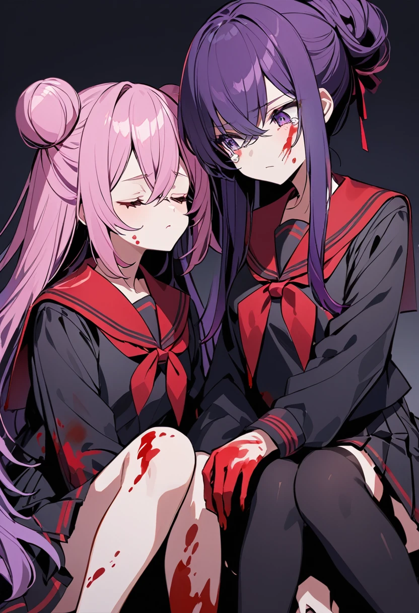 Old factory, dark background, ((multiple girls)), ((2girls)), pink hair in a bun, swept bangs, seifuku with the leading colors of black and red, black short-sleeved blouse with a red sailor collar, black knee-length pleated skirt, light blue tights, blood on face, blood on hands, blood on clothes, blood from mouth, closed eyes, tears, die, (the pink haired girl was lying in the purple haired girl's lap), ((shoulder-length purple hair)), red ribbon is tied into a bow on the left side of the hair, crossed bangs, bright purple eyes, seifuku with the leading colors of black and red, black short-sleeved blouse with a red sailor collar, black knee-length pleated skirt, sitting on knees, expressionless, calm, looking down at the pink-haired girl