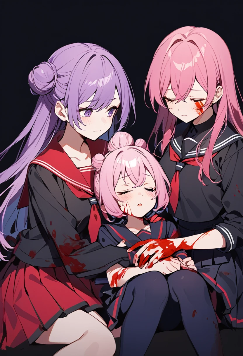 Old factory, dark background, ((multiple girls)), ((2girls)), pink hair in a bun, swept bangs, seifuku with the leading colors of black and red, black short-sleeved blouse with a red sailor collar, black knee-length pleated skirt, light blue tights, blood on face, blood on hands, blood on clothes, blood from mouth, closed eyes, tears, die, (the pink haired girl was lying in the purple haired girl's lap), ((shoulder-length purple hair)), red ribbon is tied into a bow on the left side of the hair, crossed bangs, bright purple eyes, seifuku with the leading colors of black and red, black short-sleeved blouse with a red sailor collar, black knee-length pleated skirt, sitting on knees, expressionless, calm, looking down at the pink-haired girl