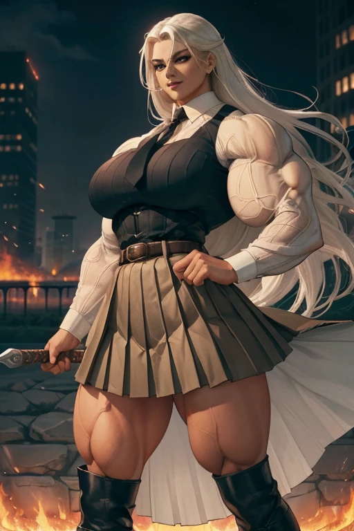 ((((Massive tall, beautiful, buff, light brown skinned muscular swordswoman with white hair, black lipstick, ginormous bulky muscles, carrying a giant sword and wearing a white long sleeve pleated shirt with beautiful long pleated skirt)))), (close view), (massive muscles), long straight hair, ((chained belt)), blue eyes, choker, ((white long sleeve pleated shirt and tie)), neck tie, ((beautiful long pleated skirt)), belt, thigh high socks, black boots, (in a fire city), closed smile, night, massive muscles