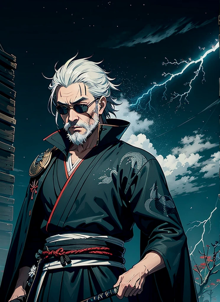 Isshin, the Sword Saint is a legendary warrior and the founder of the Ashina Clan. He is an old man with white hair and beard, wearing a blue kimono with black patterns and a white cloak. He carries a katana and a spear. He also has a gun hidden in his sleeve.

He awaits Sekiro in the great grass field where he first fought Genichiro Ashina, his grandson. The field is covered with blood and corpses of soldiers who died in the battle. The sky is dark and stormy, and lightning flashes occasionally. Isshin emerges from Genichiro’s body after he sacrifices himself to revive him using the Black Mortal Blade. He respects Sekiro as a worthy opponent and challenges him to a final duel for the fate of Ashina.
moon, dark theme, light, fantasy,