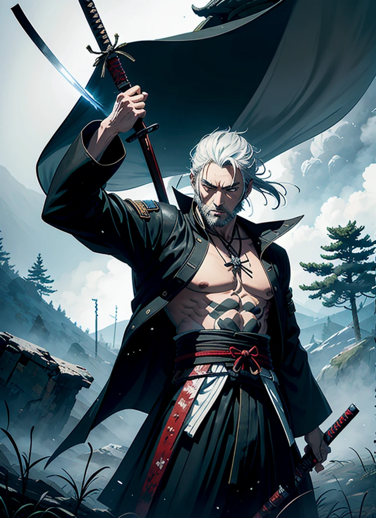 Isshin, the Sword Saint is a legendary warrior and the founder of the Ashina Clan. He is an old man with white hair and beard, wearing a blue kimono with black patterns and a white cloak. He carries a katana and a spear. He also has a gun hidden in his sleeve.

He awaits Sekiro in the great grass field where he first fought Genichiro Ashina, his grandson. The field is covered with blood and corpses of soldiers who died in the battle. The sky is dark and stormy, and lightning flashes occasionally. Isshin emerges from Genichiro’s body after he sacrifices himself to revive him using the Black Mortal Blade. He respects Sekiro as a worthy opponent and challenges him to a final duel for the fate of Ashina.
moon, dark theme, light, fantasy,