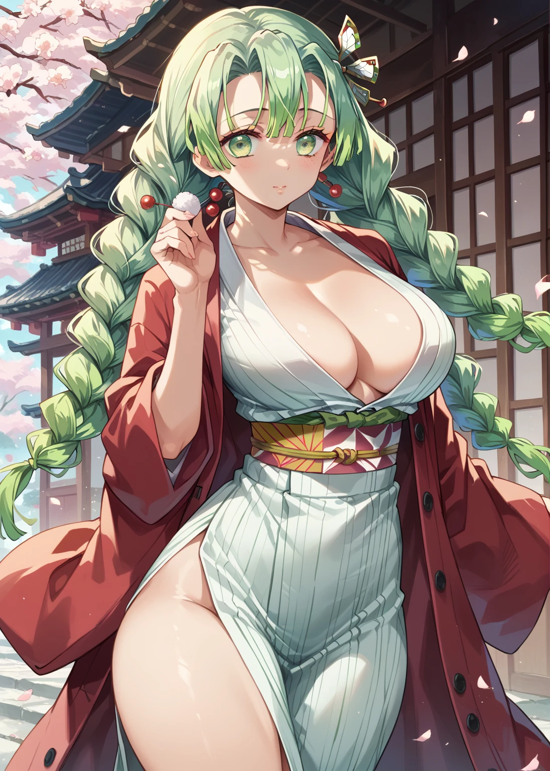 ( The most beautiful masterpiece , Beautiful light , woman ) Kanroji Mitsuri, Kimetsu no Yaiba , Single person pic,pink-green hair,green eyes,Two braids,big breasts,Big hips , Light purple yukata , red coat
