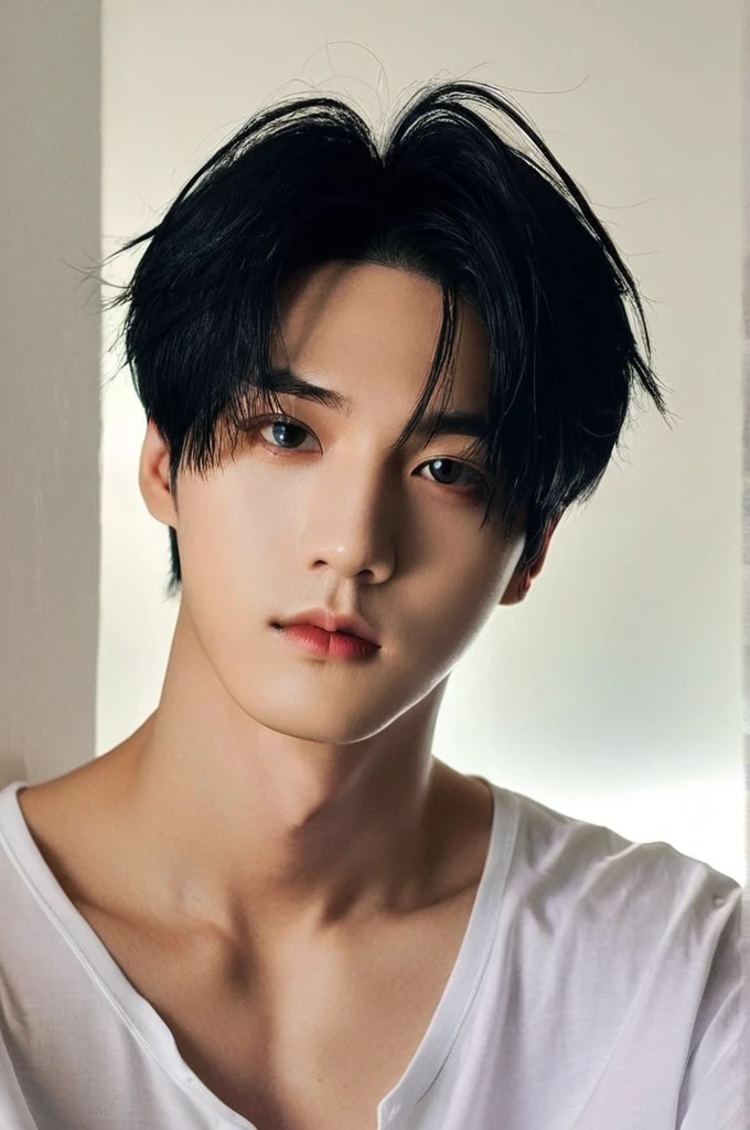 One boy, Young man with black hair (Mash Straight Hair),Male K-Pop Idols, Levi Ackerman, Medium portrait,chop, Beautiful Model, Oval Face, Vivid,Selfie,(In a dark room),The whole body is shown