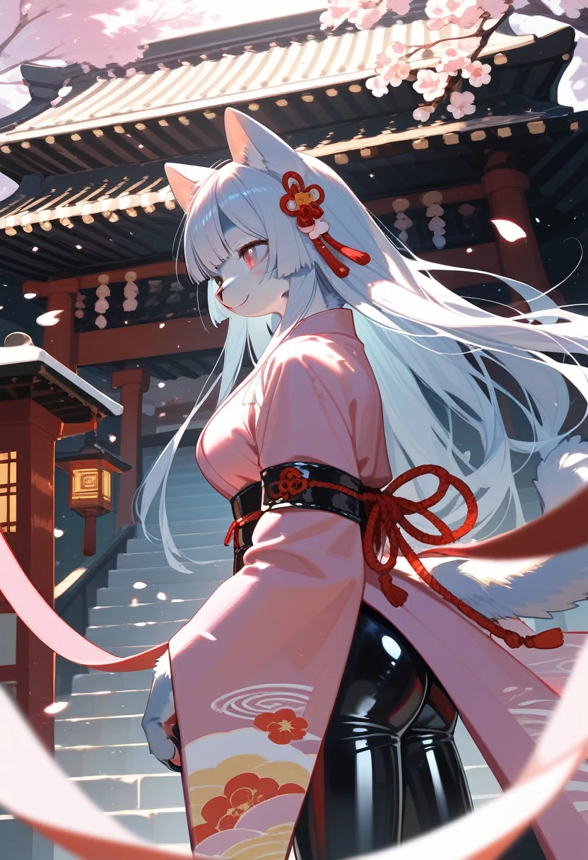 Highest quality, Highest quality, High quality illustrations, masterpiece, Ultra-high resolution, Detailed Background, Kyoto, Festivals, Absurd, Perfect Anatomy, performance, Good lighting, Shadows in the movies(kemono, Furry PersonifiCation), Cat, Long Hair, Pink Kimono, latex, rubber, From the side