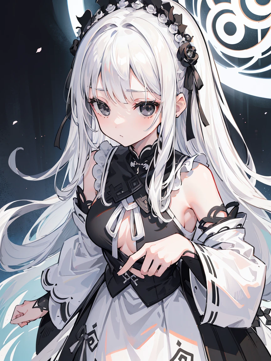 (Top image quality)、(Very detailed)、(Facing forward)、Top quality、masterpiece、(((1 girl )))、Silver Hair、White hair、((Long hair))、Weaving、(black eyes:1.6)、(White and black cheongsam)、Hooded dress、Lots of decorations、Lots of ribbons、White Ribbon、She looked grim.、Fluffy loose hair、Hanfu