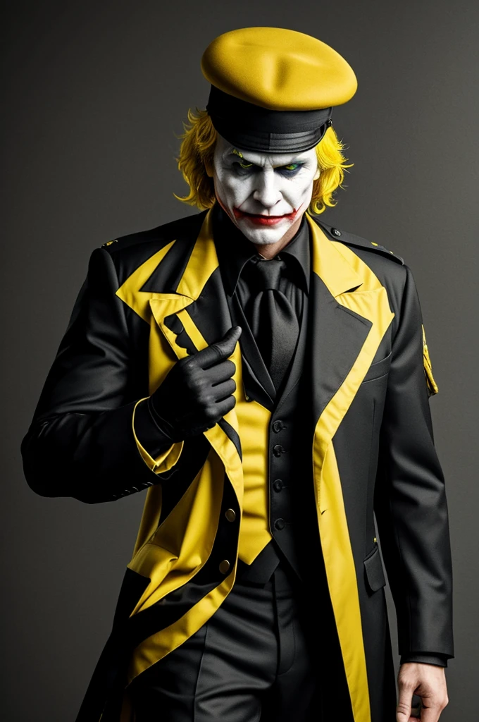 Joker from Heat ledger but a big boss style colonel version,with a beret and yellow hair and a completely black suit with black sleeves, that the suit is not yellow 