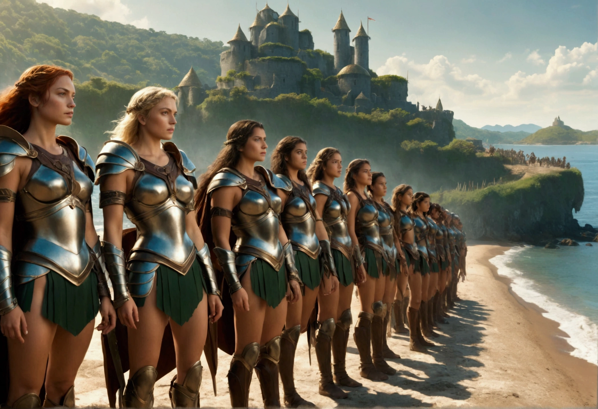 The head of the Amazons standing in full armor. Behind them are about 100 Amazons. A seaside village is visible in the background., wide shot, Ultra-Wide Angle, anatomically correct, textured skin, accurate, masterpiece, UHD, high details, high quality