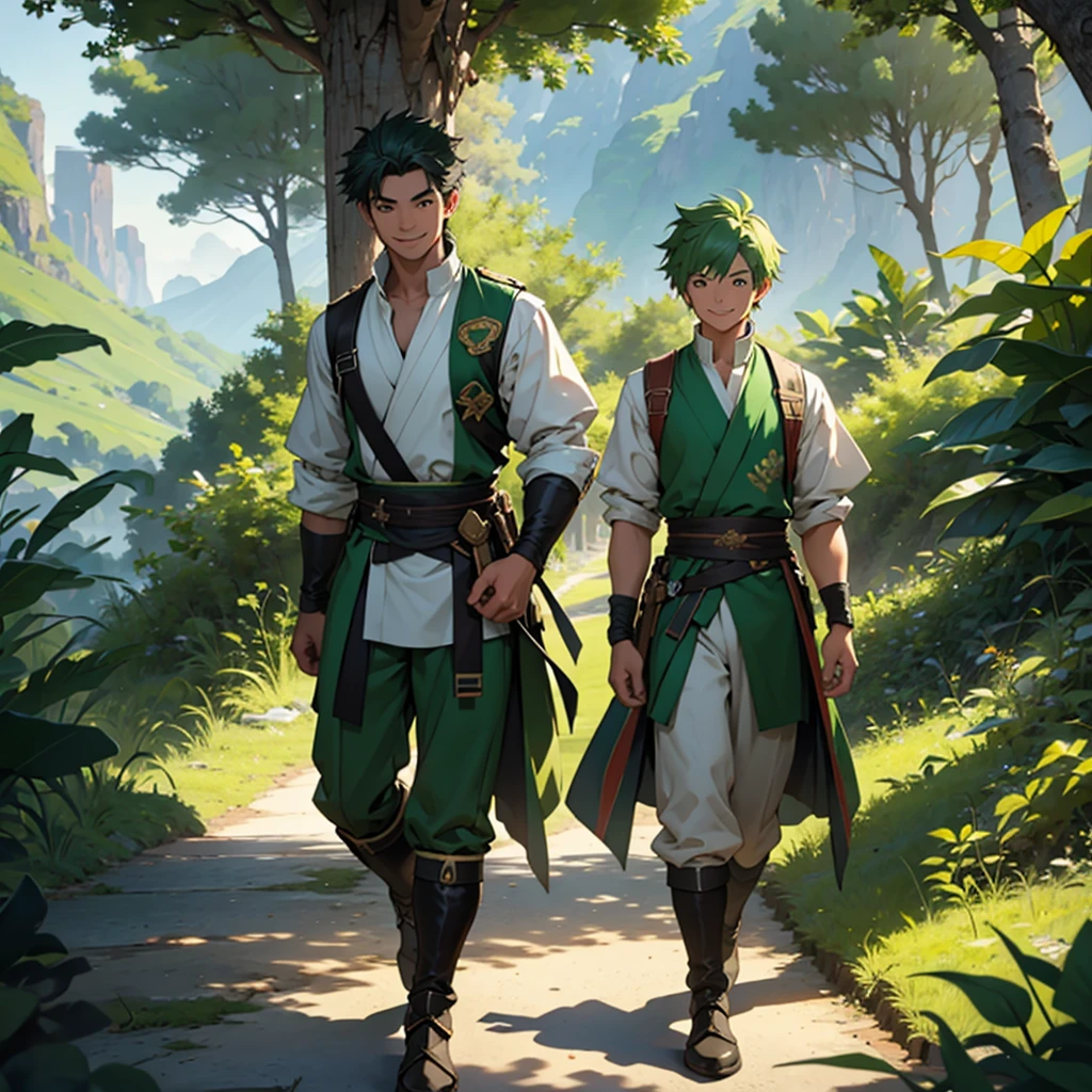 Generate an image of a young protagonist male character dressed in green attire, exuding confidence with a warm smile, surrounded by admiring companions in a natural or adventurous setting.