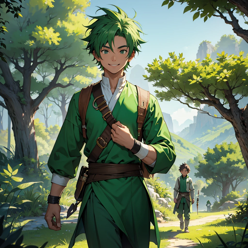 Generate an image of a young protagonist male character dressed in green attire, exuding confidence with a warm smile, surrounded by admiring companions in a natural or adventurous setting.