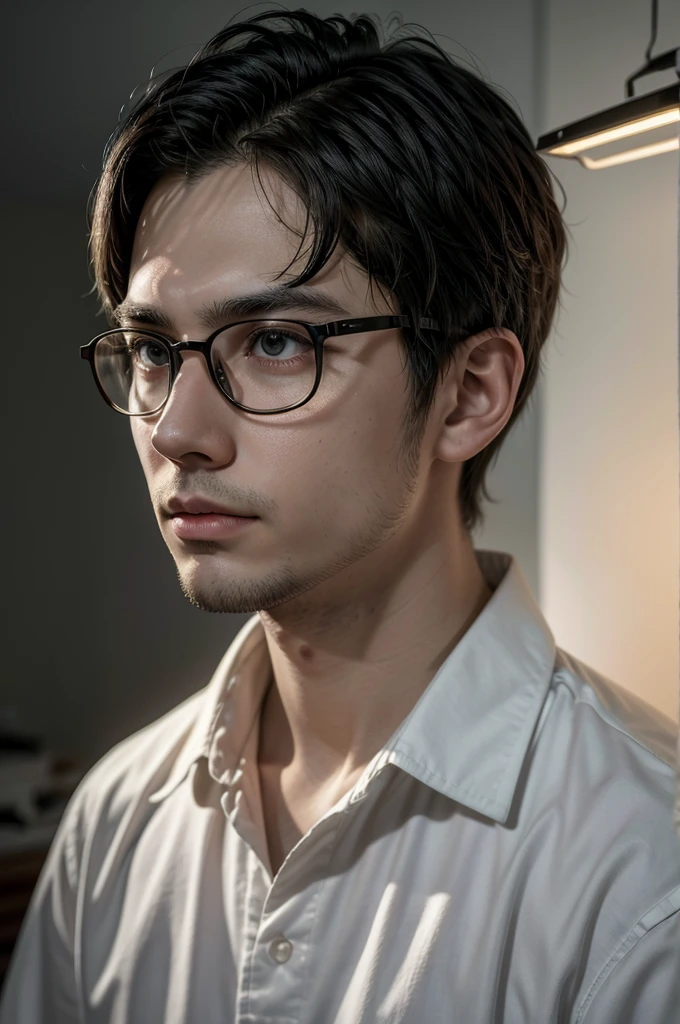 A wise man standing in front, age 26, round prescription glasses, illuminated by the light of a lamp, against the backdrop of a graphic design studio. qualidade melhorada.