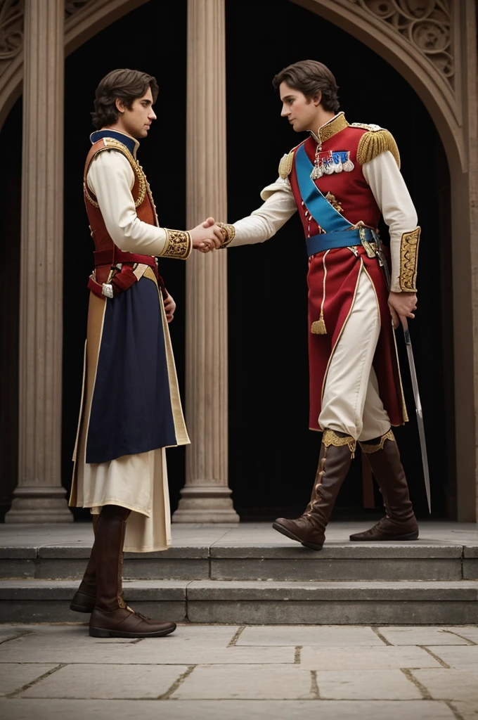 Create a scene with two people in perspective 3/4. The first person is a prince, extending his left hand as if he were offering something. The second person is positioned at a greater distance and two steps lower, with one foot on a step higher than the other. This person has one hand on his sword and the other hand reaching out towards the prince's hand
