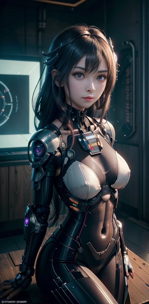 best quality、masterpiece、Ultra-high resolution、(Photorealism:1.4)、((beautiful girl:1.6)), whole bodyrobot少女1体、16 years old、No humans、((The only skin part is the face)), Glowing background with bright glowing armuturistic spaceship、Lightweight body、Black Iron、((スプリットメタルの胸部プロテクターがたっぷりのrobot、((whole bodyが戦闘robotの体))、((ボディパーツはrobotパーツ:1.8))、((The inner workings of the chest exposed)), ((Mechanical chest armor with LED indicators and gauges)), robotアームと脚を立てた腹部のMetal骨格))、頸部のMetal骨格、being repaired、The body is destroyed、Metalメカニカルブラ、whole bodyMetalスキン、Metal紧身衣、whole bodyを覆うMetal鱗、Metal製のボディ、whole bodyMetal、beautiful girl、Prosthetic hands、Prosthesis、whole bodyrobot、露出したMetal骨格、Asian Beauty、Cyberpunk、Steampunk、Interior of future space battleship、Research Room、Complex 3d rendering beautiful porcelain profile ultra detailedd female type android face、Dark brown hair、Radiant Skin、((Super Practical details))、portrait、Global Illumination、shadow、Octane Rendering、Metal、複雑な装飾のdetailed、日本のdetailed、Very intricate details、Practical光、CG Social Trends、Purple Eyes、Eyes sparkling at the camera、neon detailedchanical limblood vessels connected to tubeechanical vertebrae attached to the back、The cervical vertebrae are mechanically attached to the neck、Sit on it、Wires and cables to the head、Gundam、Small LED lights、masterpiece、 Metalrobot、Metal製のボディ、whole bodyMetal、Prosthetic hands、Prosthesis、whole bodyrobot、露出したMetal骨格、Asian Beauty、Cyberpunk、Steampunk、City of the Future、Research Room、Complex 3d rendering beautiful porcelain profile super detailedd female android face、robot、parts、150 mm、Soft lighting in a beautiful studio、Rim Light、Vivid details、gorgeous Cyberpunk、Ren Hao、超Practical、Anatomical、Facial muscles、Cable microchip、elegant、Beautiful background、Octane Rendering、HR Giger style、8K、best quality、masterpiece、Implications、Very delicate and beautiful、 非常にdetailedなCG、Unite、wall-、(Practical、Photorealism:1.37)、Astonishing、detailed、masterpiece、best quality、Official Art、Highly detailedd CG Unite 8k wallpaper、absurd、incredibly absurd、、、Silver beads、whole body、 Standing