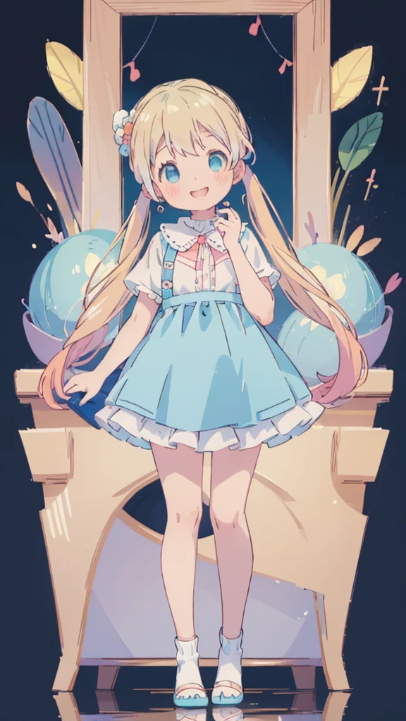 ((masterpiece))((Highest quality))girl、smile、blush、Flat Chest、Are thin、Blonde Hair、blush、Are standing、Whole body image、Eye level to the feet、front、No background、真frontのアングル、Blue clothes、Two-tone white and blue hair、Twin tails、Red Alice outfit