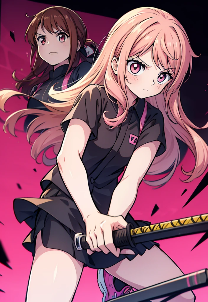 Girl with long brown hair, pink eyes, black button-down shirt, short black skirt, black tennis shoes, pink katana and pink haori 