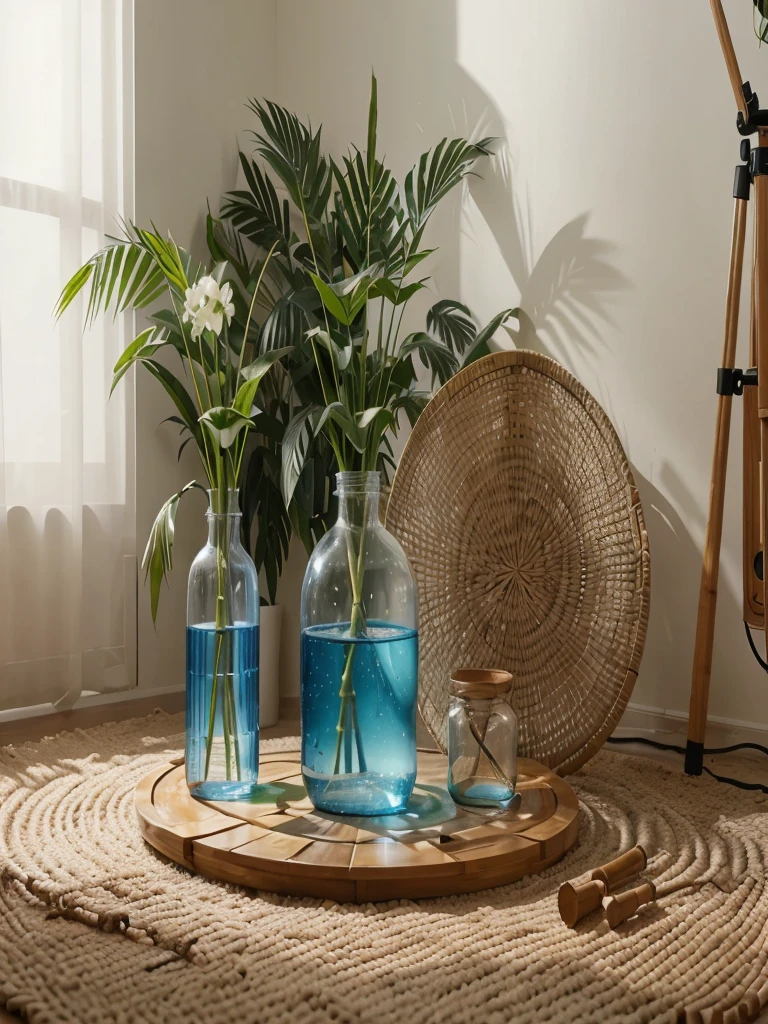 Change the bottles, and make them similar, just make a few changes, change the color of the bottle to transparent, fill it with water, just like the glass, remember that the bamboo straw must be integrated in one piece with the lid, the bottle must have a slight curve as if it were a hip, make it completely transparent, and a little wider, do not forget to add the bamboo straw to the lid of the bottle.
Below is part of the above prompt:
Adjust the lighting, make everything seem to be in the same place at the same time, hyper realistic, with lighting coming from the left side.