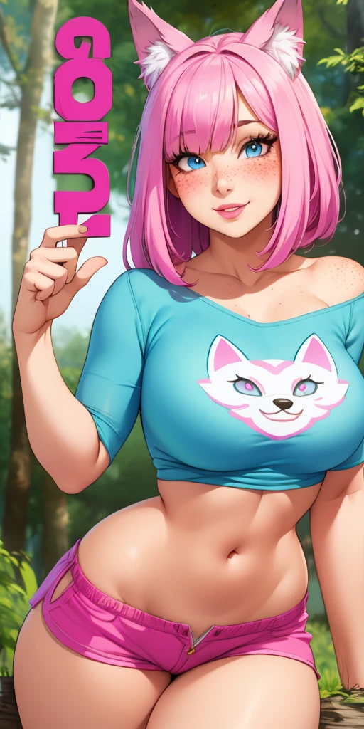 Beautiful round medium breasts, 1girl, ((Neon magenta hair, bangs cover the eyes)) ((wolf girl, cute girl face)) light blue eyes, has an beautiful sensual body with freckles, with Beautiful breasts and thin waist, HIP HOP Beautiful and cute simple blouse and shorts fabric delicate, has a bold appearance. young, quality, realistic, best quality, cute expression, pink lipstick lips, Cute smile, in the forest