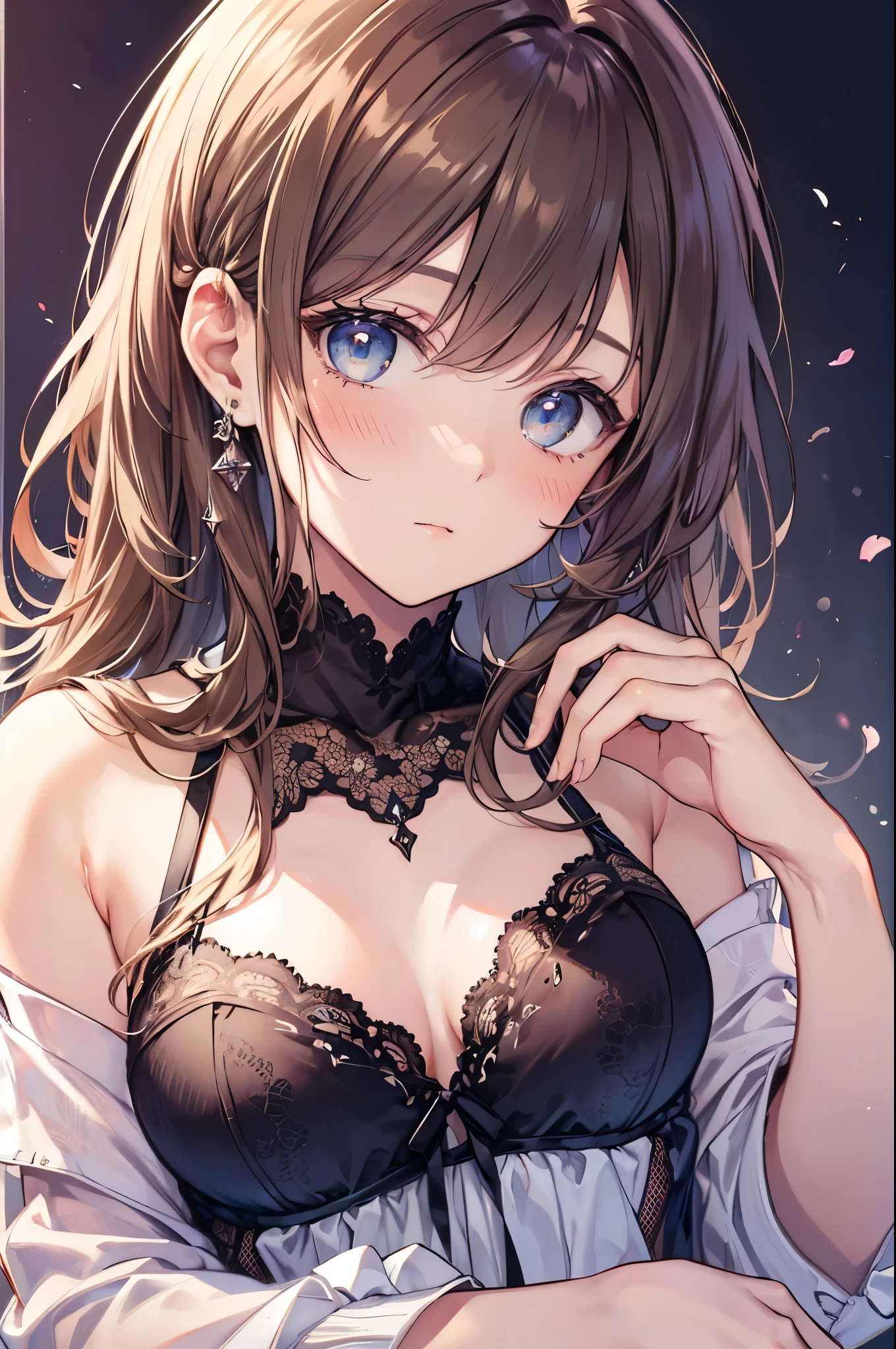 (((masterpiece, Highest quality, High resolution, 超High resolution, Pixel perfect, Depth of written boundary, 4K, RTTX 10.0, High resolution))), One girl, single, alone, Beautiful Anime Girls, Beautiful art style, Anime characters, ((Long Hair, bangs, Dark brown hair)), Brown eyes, Sparkling eyes, ((Beautiful Eyes, Detailed eyes, extremely Detailed eyes, Detailed face, blush:1.2)), ((Smooth texture:0.75, Realistic texture:0.5, Anime CG style)), ((Medium chest, Cleavage)), indoor, Bedroom, Dynamic Angle, Big Breasts, Perfect body, Dynamic pose, Underarm, Show your hand, ((close, throw, From above)), ((good, lingerie)), Natural light, View your viewers