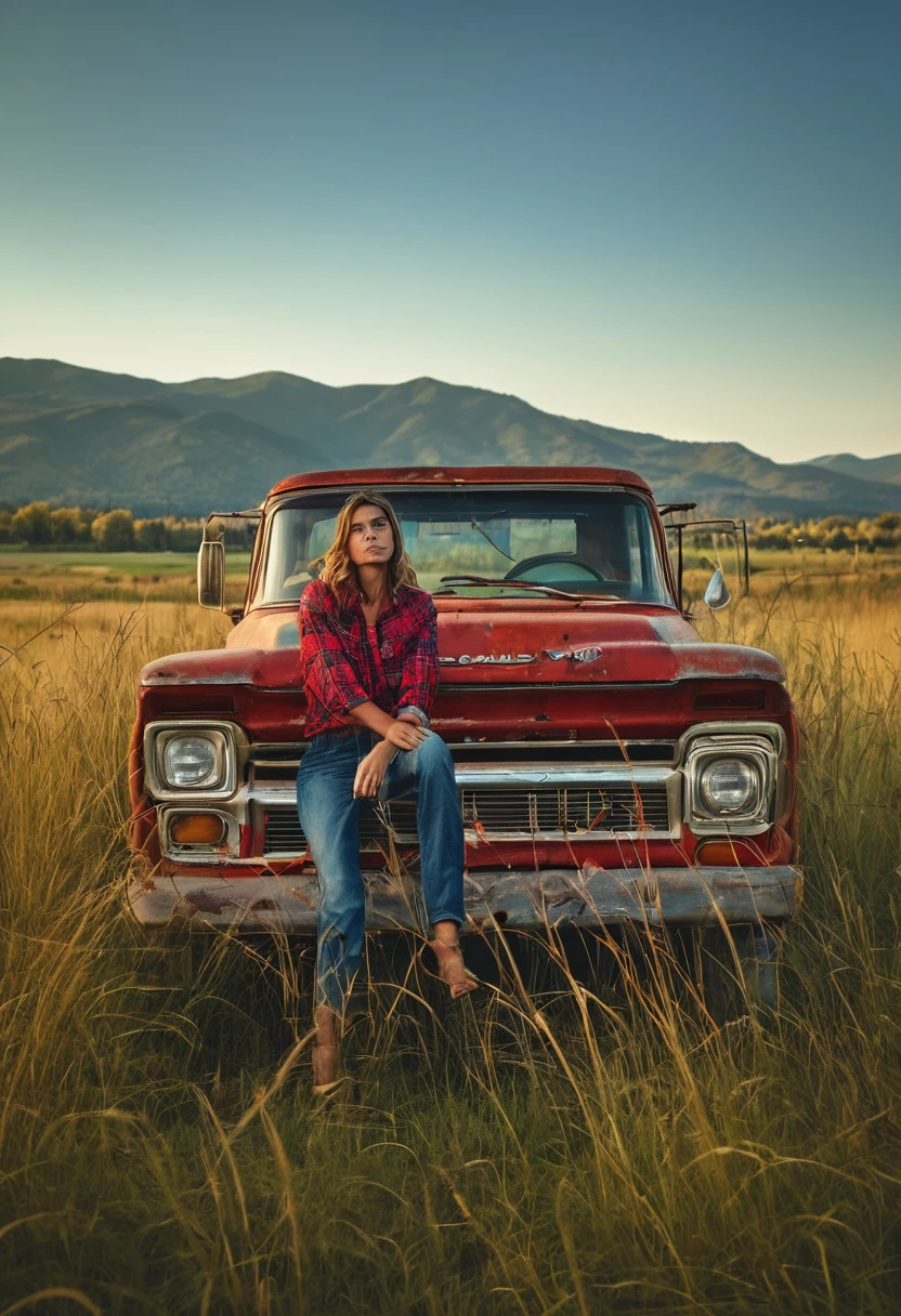 Cinematic, realistic, UHD, A stunning medium range shot photo by Steven Klein of a young supermodel in red flannel shirt and denim pants perched atop an old, weathered blue matte pickup truck. She exudes confidence and grace as she poses barefoot amidst tall wild grass. The rustic fence and quaint farmhouse in the background hint at a serene countryside setting. A majestic mountain row looms in the distance, adding depth and scale to the scene. The overall atmosphere of the photo is natural and serene, capturing the essence of a perfect summer day., photo