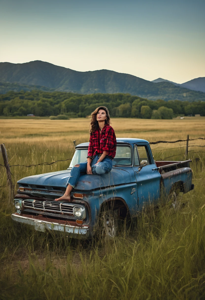 Cinematic, realistic, UHD, A stunning medium range shot photo by Steven Klein of a young supermodel in red flannel shirt and denim pants perched atop an old, weathered blue matte pickup truck. She exudes confidence and grace as she poses barefoot amidst tall wild grass. The rustic fence and quaint farmhouse in the background hint at a serene countryside setting. A majestic mountain row looms in the distance, adding depth and scale to the scene. The overall atmosphere of the photo is natural and serene, capturing the essence of a perfect summer day., photo
