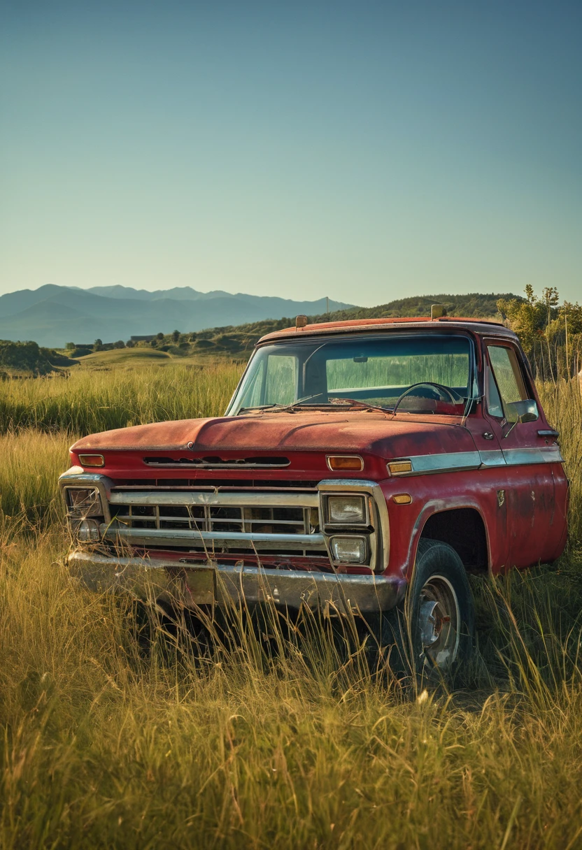 Cinematic, realistic, UHD, A stunning medium range shot photo by Steven Klein of a young supermodel in red flannel shirt and denim pants perched atop an old, weathered blue matte pickup truck. She exudes confidence and grace as she poses barefoot amidst tall wild grass. The rustic fence and quaint farmhouse in the background hint at a serene countryside setting. A majestic mountain row looms in the distance, adding depth and scale to the scene. The overall atmosphere of the photo is natural and serene, capturing the essence of a perfect summer day., photo

