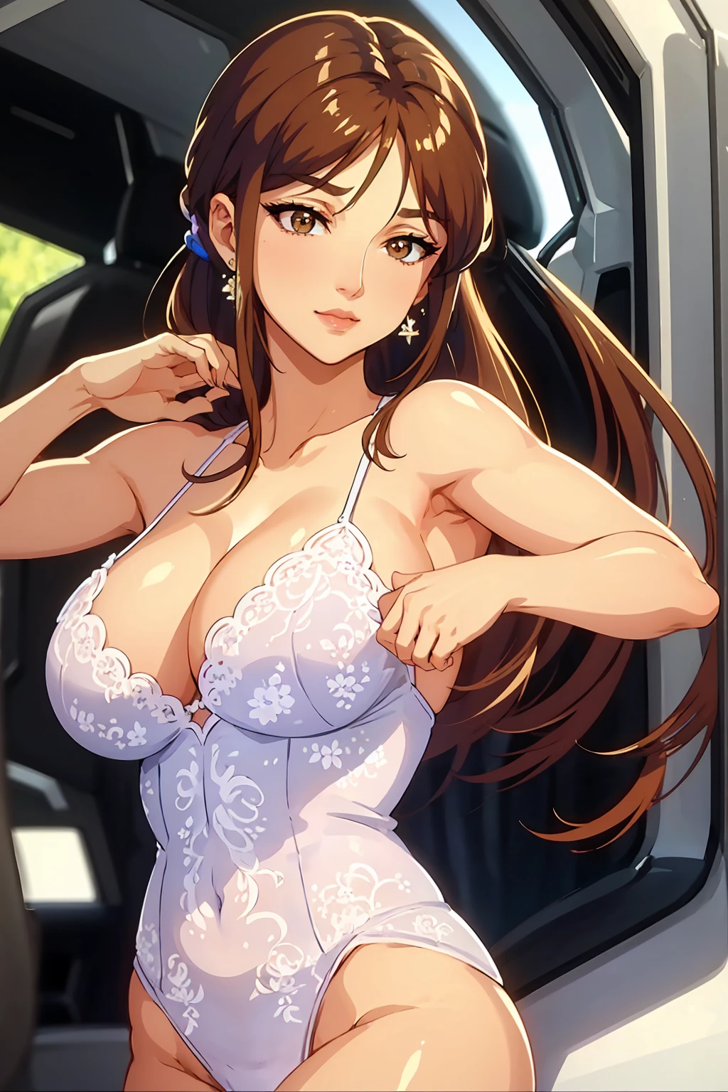 (masterpiece),((Highly detailed hair)),((expressive eyes)),(Highly detailed sexy white lingerie),happy expression,extremely beautiful mature woman, milf,best quality,cel shading,8K ,ultra HD,highly detaild face, highly detaild eyes,flat color,(fullbody angle),standing,high contrast,contrapposto,beautiful house,aaitoe, brown hair, brown eyes, earrings, jewelry, long hair, lips, ponytail,(huge breasts)