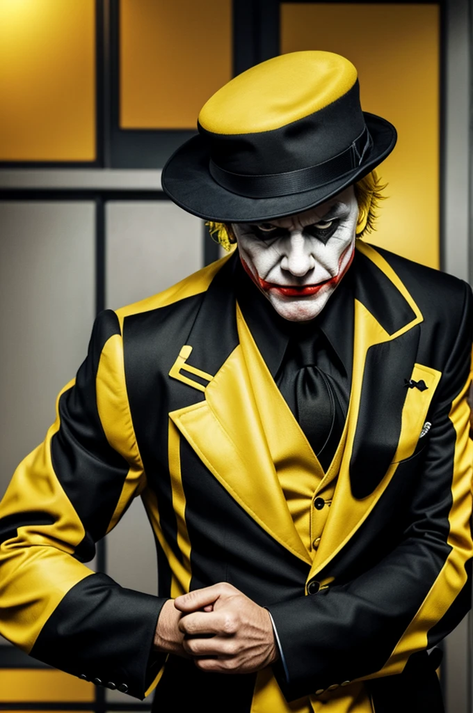 Joker from Heat ledger but a big boss style colonel version,with a beret and yellow hair and a completely black suit with black sleeves, that the suit is not yellow