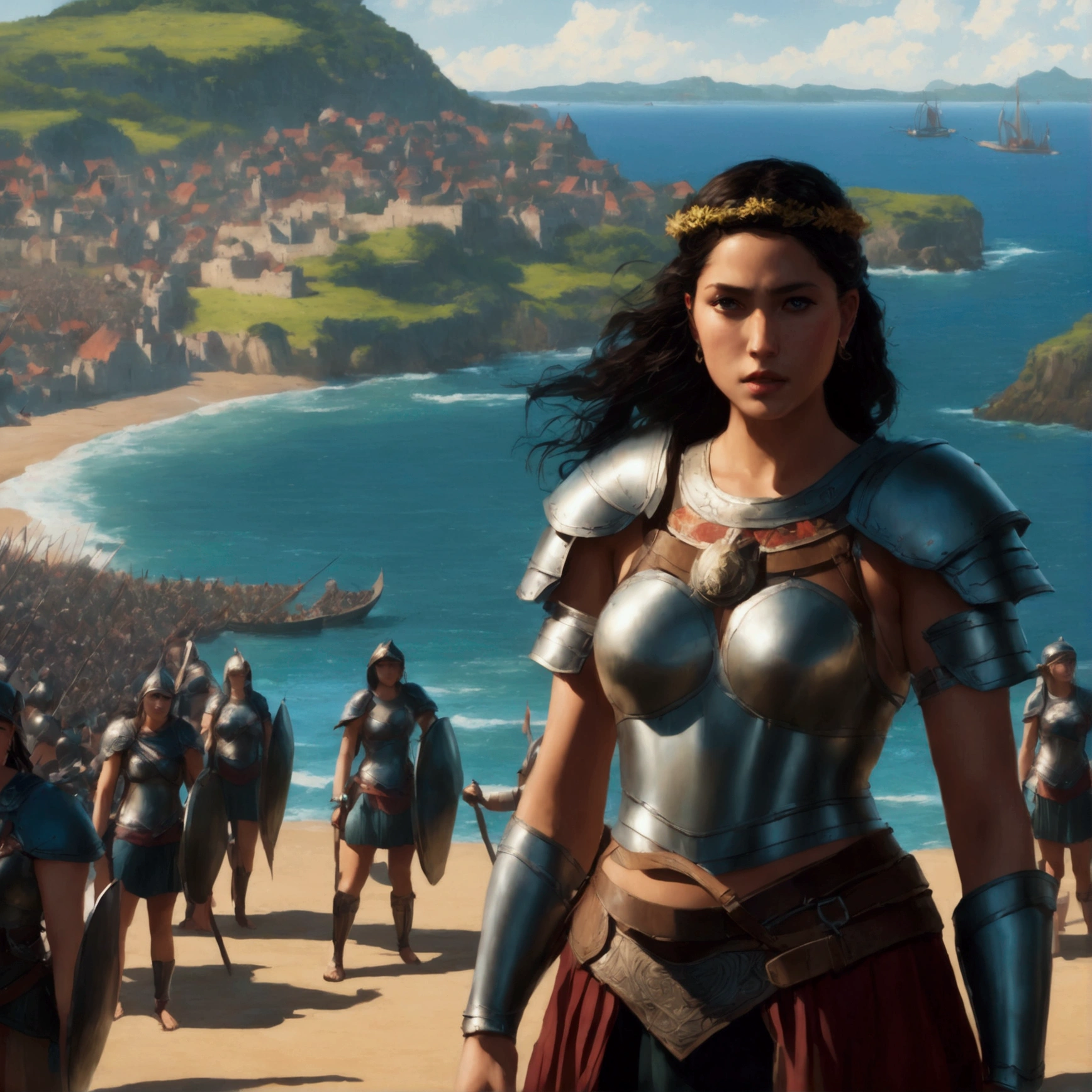 The head of the Amazons standing in full armor. Behind them are about 100 Amazons. A seaside village is visible in the background., wide shot, Ultra-Wide Angle, anatomically correct, textured skin, accurate, masterpiece, UHD, high details, high quality