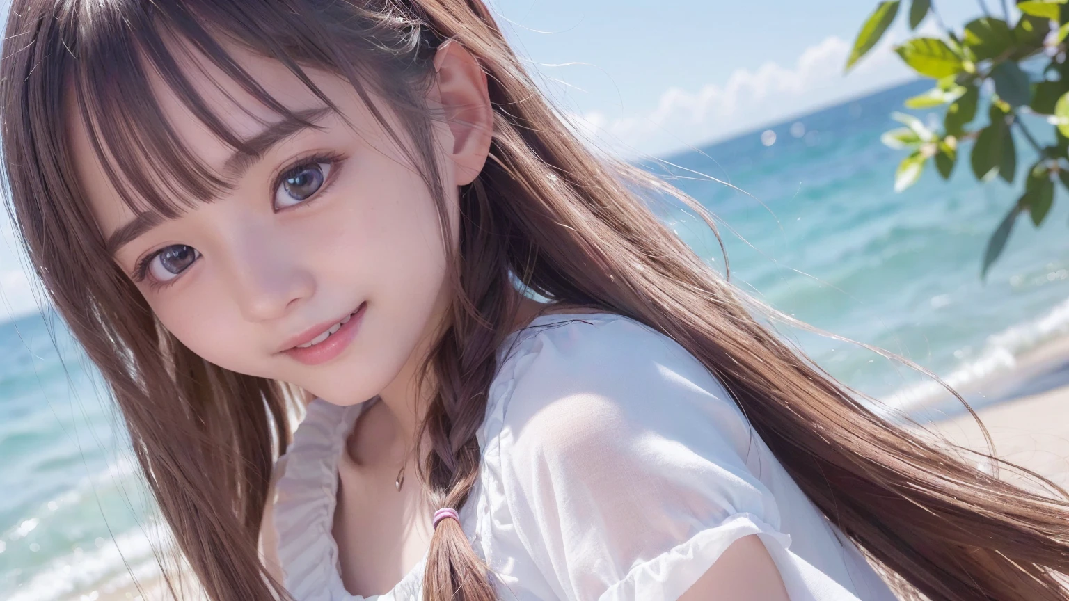 ((Attention to detail)),(Super detailed), Highly detailed CG Unity 8k wallpaper, beautiful girl,((Two people)), Highest quality, 8k, ((10 ))、girl、Long straight hair、Summer outfit、((Happy smile))、((Bust Shot))、(sea)、
