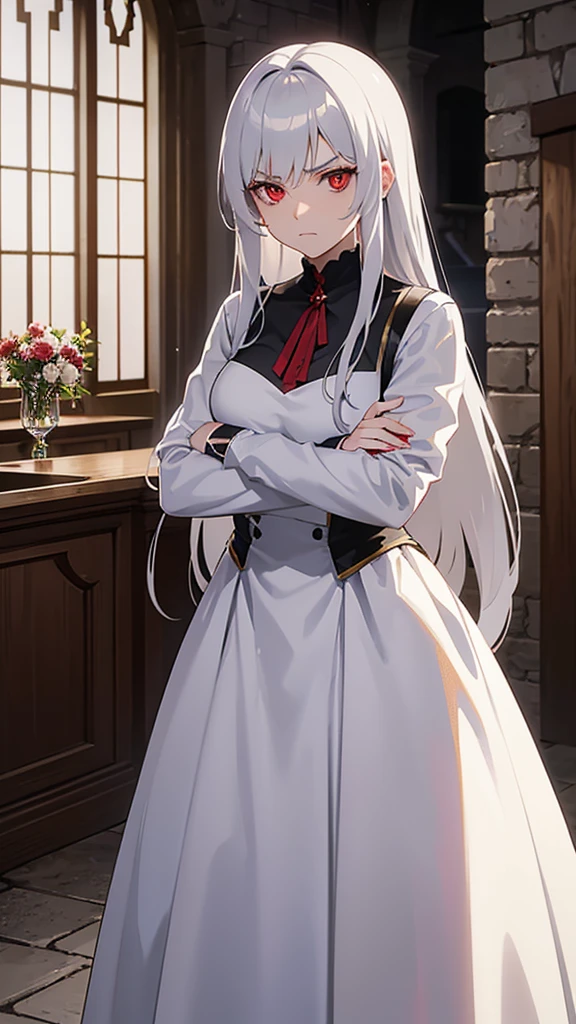 A anime mature woman with long silver hair,she is a vampire,she had a red eye,she wearing a white formal dress,she folded his arms and looked at the camera with an annoyed expression,scenery is at medieval kitchen behind her