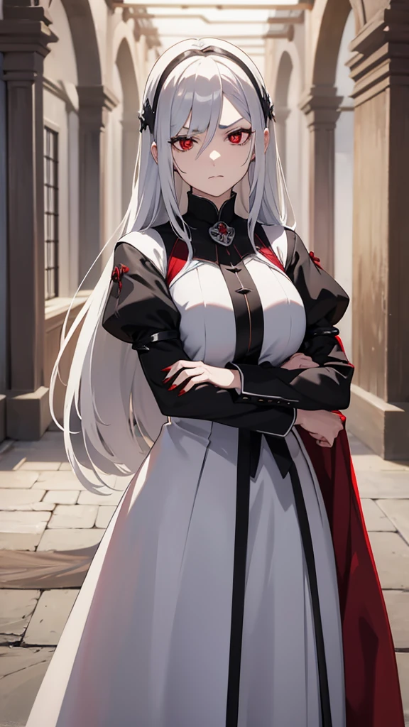 A anime mature woman with long silver hair,she is a vampire,she had a red eye,she wearing a white formal dress,she folded his arms and looked at the camera with an annoyed expression,scenery is at medieval kitchen behind her