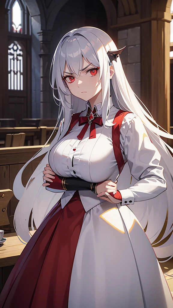 A anime mature woman with long silver hair,she is a vampire,she had a red eye,she wearing a white formal dress,she folded his arms and looked at the camera with an annoyed expression,scenery is at medieval kitchen behind her