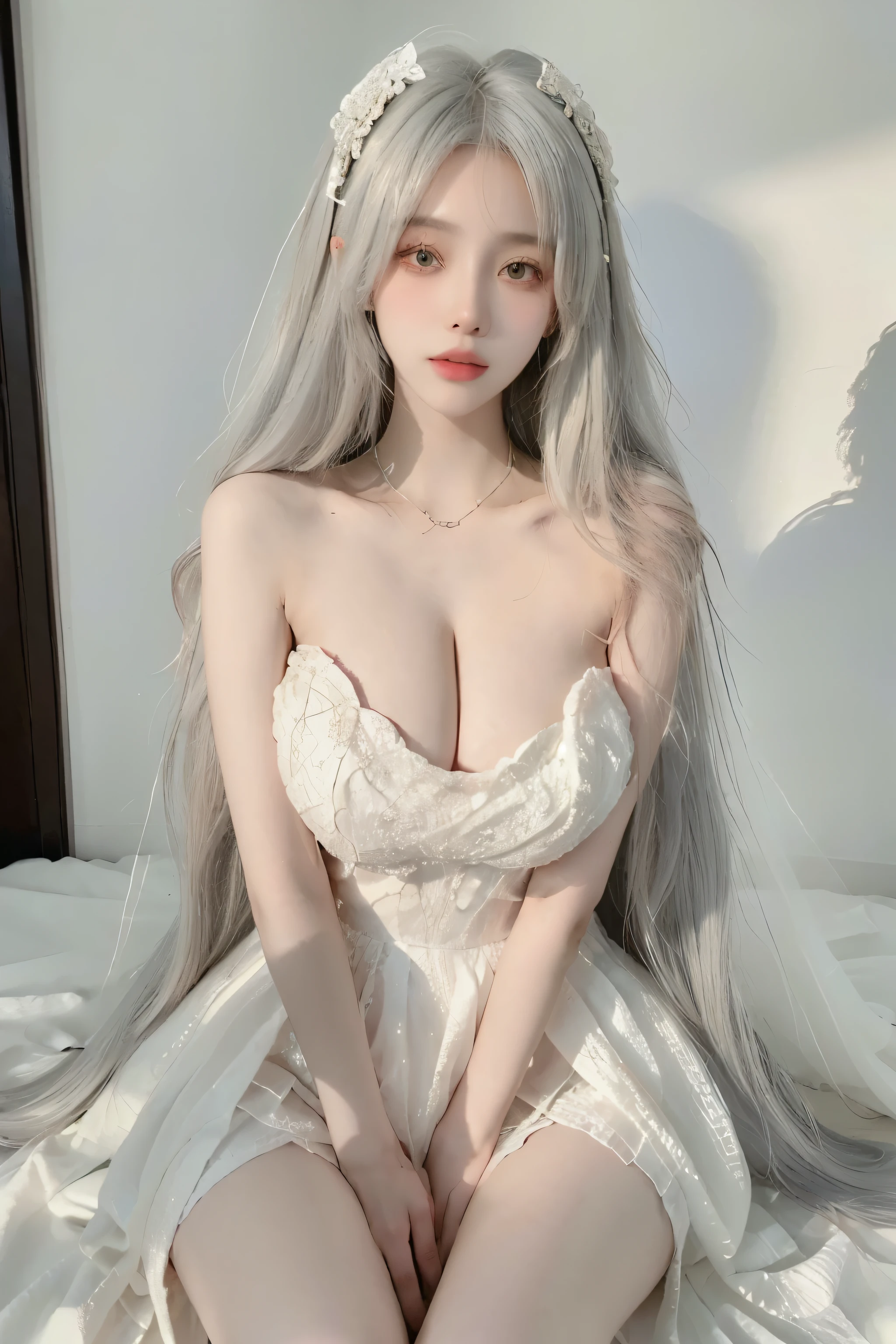 Beautiful woman with perfect body：1.4，Prominent cleavage，Layered Hairstyle，Highly detailed face and skin textures，Double eyelids，Skin Whitening，Long hair，Whitened long legs，Half chest wedding dress，Silver hair