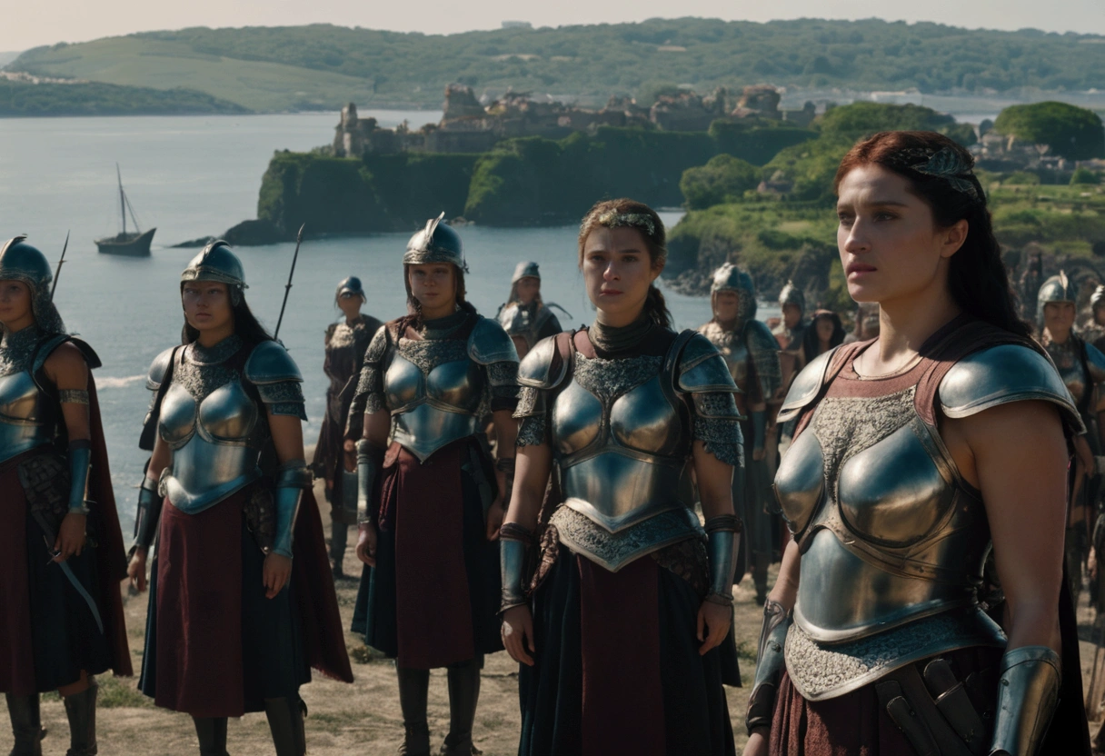 The head of the Amazons standing in full armor. Behind them are about 100 Amazons. A seaside village is visible in the background., wide shot, Ultra-Wide Angle, anatomically correct, textured skin, accurate, masterpiece, UHD, high details, high quality