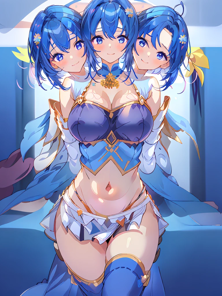 (masterpiece, best quality), best resolution, (3heads:1.5), 1girl, dark blue hair, fingerless gloves, smiling, soft smile, open belly, white-blue crop top, blue-white miniskirt, open breasts, huge tits, sexy pose, hair length until shoulders, headband,
