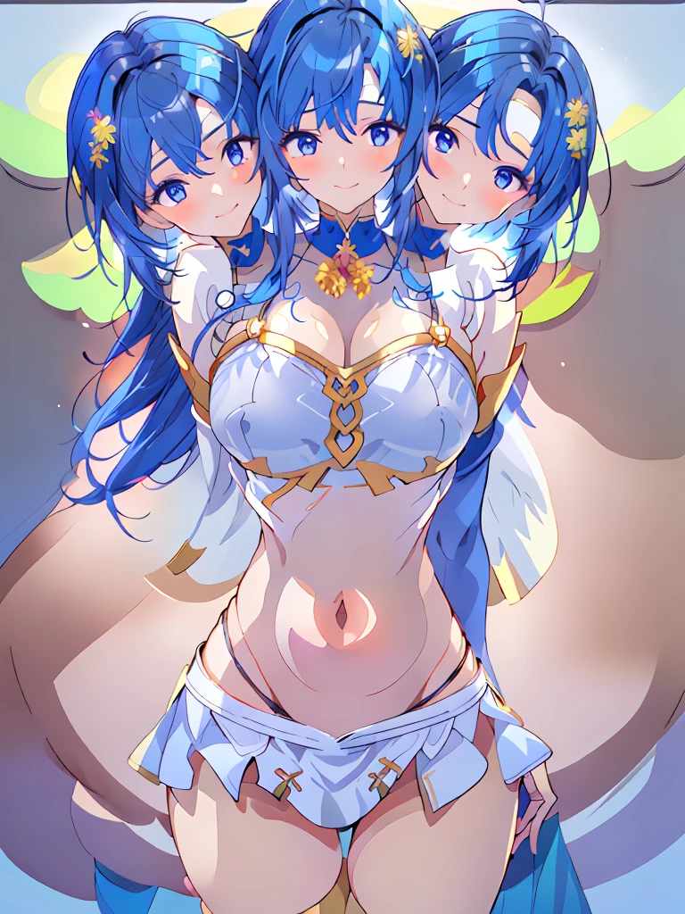 (masterpiece, best quality), best resolution, (3heads:1.5), 1girl, dark blue hair, fingerless gloves, smiling, soft smile, open belly, white-blue crop top, blue-white miniskirt, open breasts, huge tits, sexy pose, hair length until shoulders, headband,
