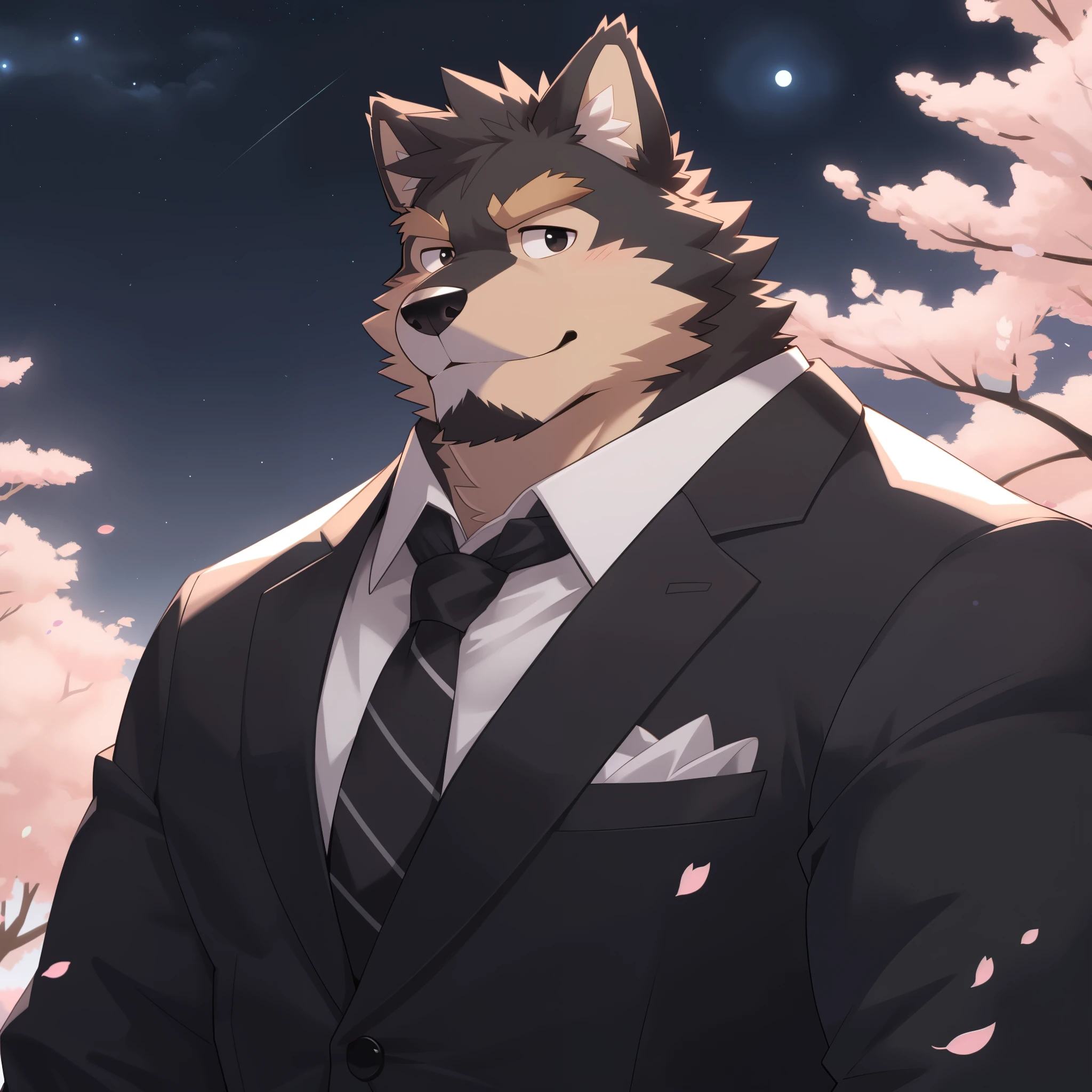 Scribble 德国牧羊dog face,Humanity(dog),(Formal wear:1.3),Muscular,(Brown eyebrows:1.1),（Close one eye:1.2）,(Perfect black eyes),Cherry blossoms,Black fur，Night Sky，（artist:Takemoto Arashi）