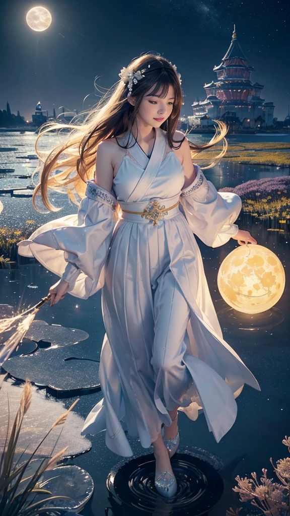adorable_girl,fair_skin,huge filesize,colorful,beautiful detailed glow, detailed ice, beautiful detailed water, (magic circle:1.2), (floating palaces:1.3),beautiful detailed pampas grass field, open hakama, surrounded by floating sakura, yellow full moon, beautiful detailed dark midnight sky, messy white long hair,smile,